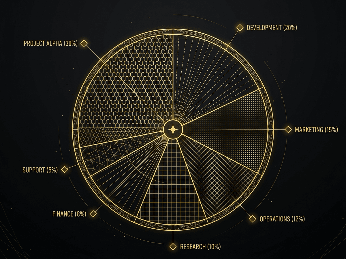 金色籌碼排列成的股份分配圓餅圖